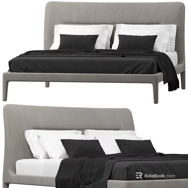 Modern Double Bed With Gray Headboard Black Bedding And White Pillows 3d model