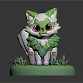 Cute Green And White Cat Like Creature With Large Red Eyes On Green Grass Base