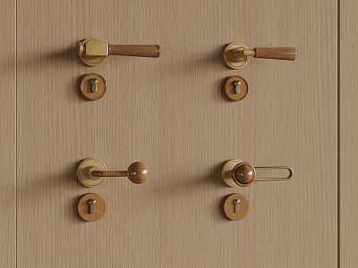 Brass Door Handles And Locksets On Wooden Panel With Various Designs 3d model