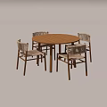 Modern Slatted Round Wooden Dining Table Set With Four Rattan Chairs
