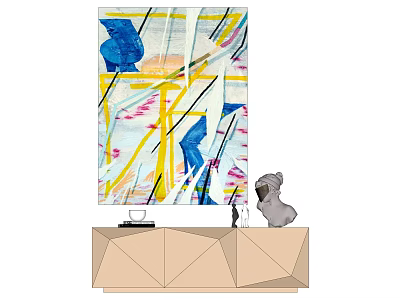 Colorful Abstract Painting On Wooden Geometric Cabinet With Small Sculpture And Decor 3d model