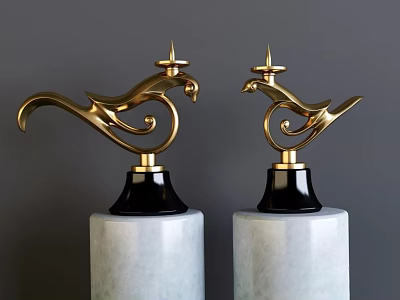Golden Bird Shaped Decorative Ornament Set With Black Base On White Marble Pedestals 3d model
