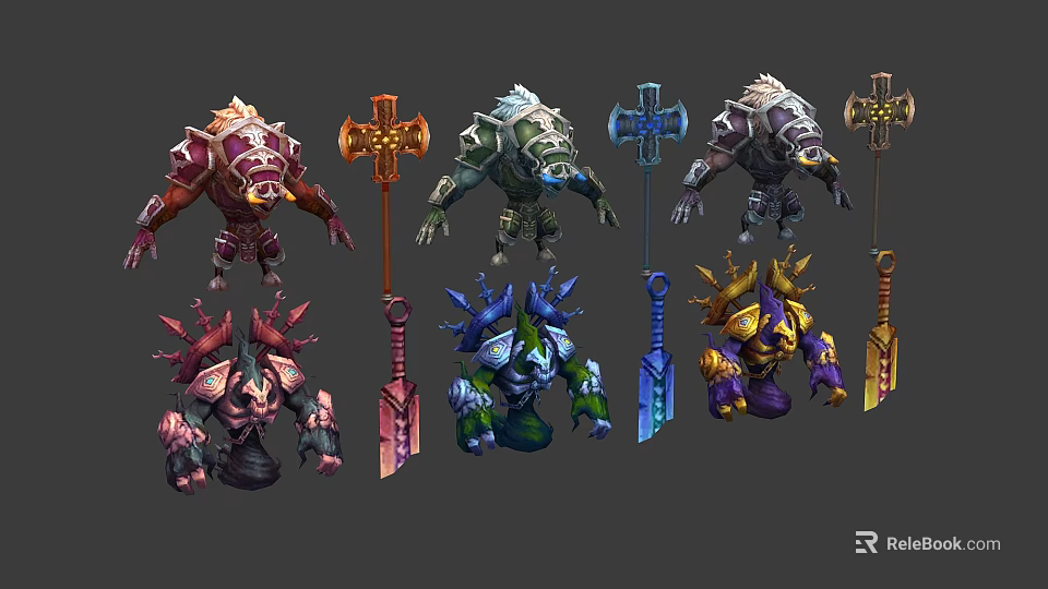 Fantasy Characters And Mythical Creatures With Armored Designs And Colorful Weapons 3d model 