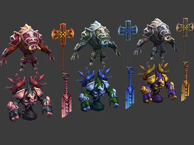 Fantasy Characters And Mythical Creatures With Armored Designs And Colorful Weapons 3d model