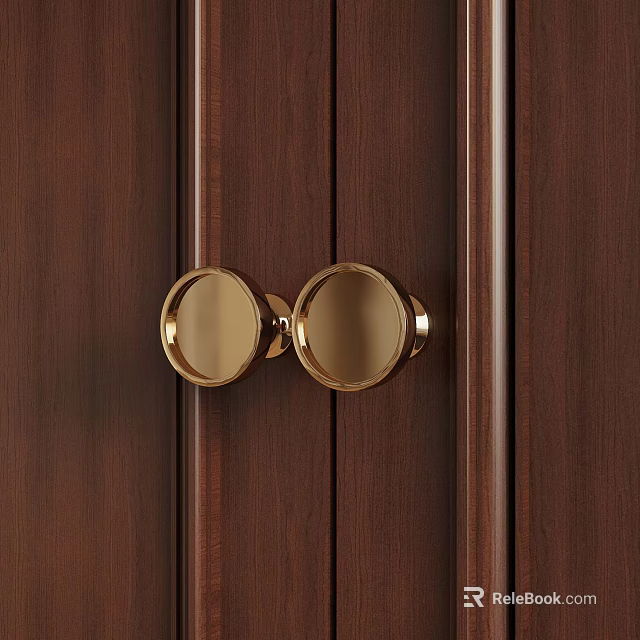 Golden Round Door Knobs On Dark Wooden Paneled Door Surface 3d model 