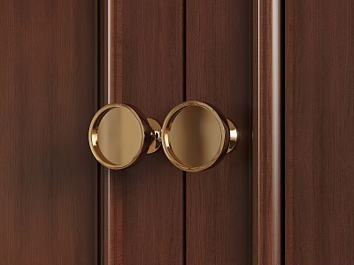 Golden Round Door Knobs On Dark Wooden Paneled Door Surface 3d model