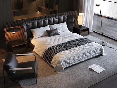 Double Bed With Black Leather Headboard White Quilt Bedside Tables Table Lamp and Black Chair 3d model