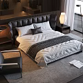 Double Bed With Black Leather Headboard White Quilt Bedside Tables Table Lamp and Black Chair