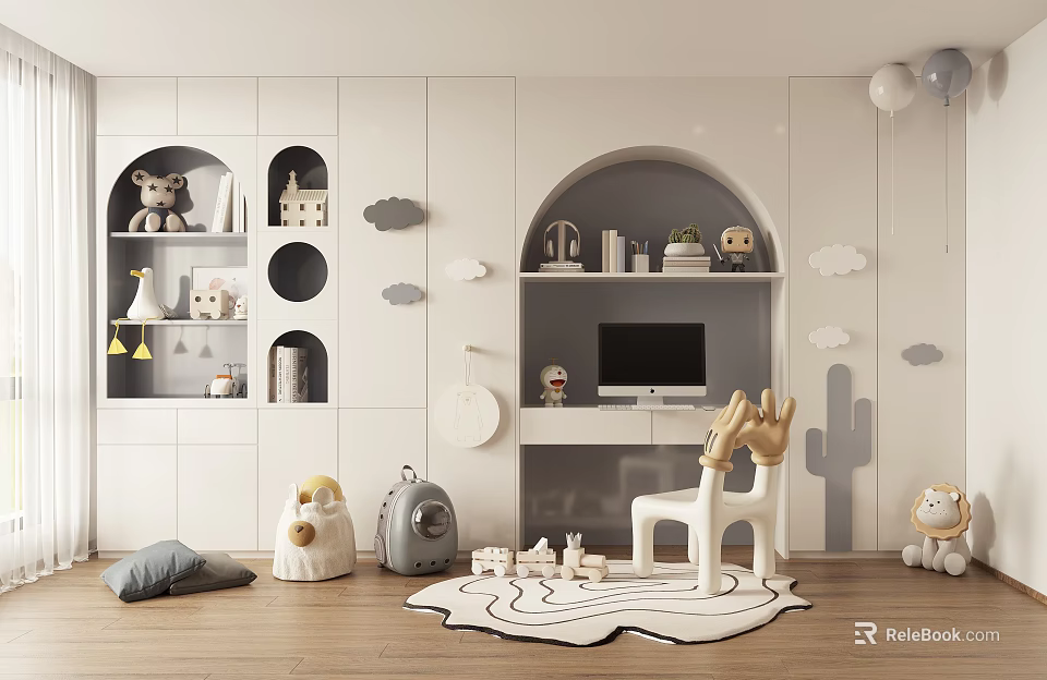 Playful Kids Room Interior With White Walls Wooden Floor And Toy Decorations 3d model 