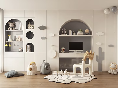 Playful Kids Room Interior With White Walls Wooden Floor And Toy Decorations 3d model