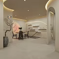 Modern Beauty Salon Interior With Curved Walls Green Plants Round Counter Display Shelves And Chandelier