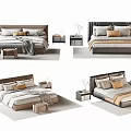 Elegant Modern Double Bed With Upholstered Headboard Pillows Nightstands And Stool 3d model