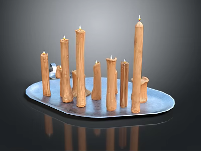Multiple Wooden Candle Lamps Arranged On Silver Tray With Varying Heights Design 3d model