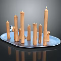 Multiple Wooden Candle Lamps Arranged On Silver Tray With Varying Heights Design