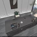 Modern Office Desk With Carved Details Table Lamp Decorations And Green Plant In Minimalist Interior