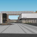 Modern Sales Office Building With Glass Facade Metal Accents Front Fountain And Green Plants
