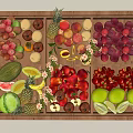 Fresh Assorted Fruits with Strawberries Apples Pineapple and Flowers in Wooden Divided Tray