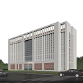 Modern Office Building Exterior With White Walls Glass Windows Trees And Parked Cars