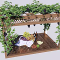 Outdoor Wooden Pergola Covered With Grape Vines And Fruits On Table And Wine Bottles