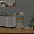 Kitchen Interior With White Cabinets And Three Tier Rolling Cart Holding Fruits Vegetables And Jars