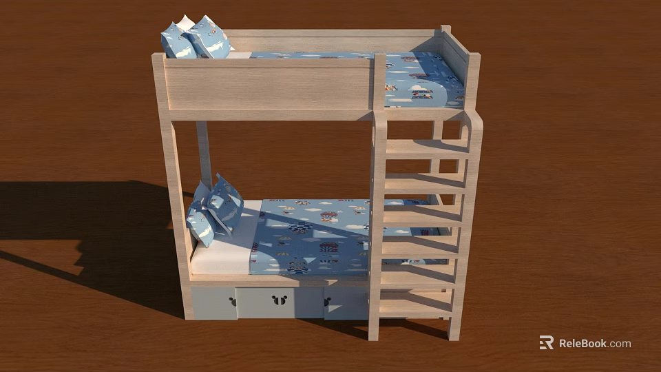 Wooden Bunk Bed With Blue Patterned Mattresses Ladder And Butterfly Drawers 3d model 