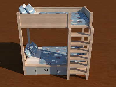Wooden Bunk Bed With Blue Patterned Mattresses Ladder And Butterfly Drawers 3d model