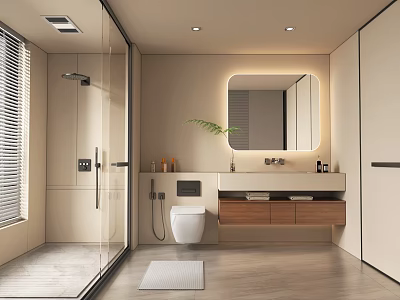 Modern Bathroom With Glass Shower Enclosure Vanity Backlit Mirror Wooden Cabinets And Plants 3d model