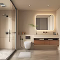 Modern Bathroom With Glass Shower Enclosure Vanity Backlit Mirror Wooden Cabinets And Plants