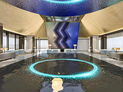 Modern Sales Office Interior With Blue Lighting Circular Glowing Water Feature And Zigzag Backdrop 3d model