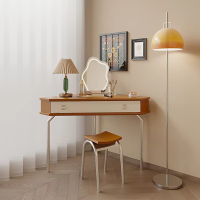 Modern Wooden Dressing Table With Metal Legs Brown Stool Mirror Table Lamp And Decorative Paintings 3d model