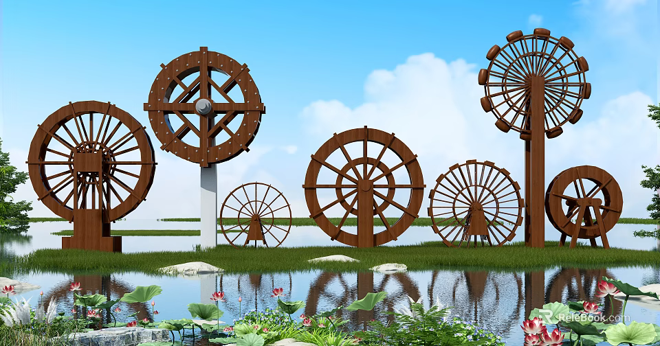 Garden Ornaments Featuring Wooden Water Wheels Lotus Leaves And Pond With Grass 3d model 