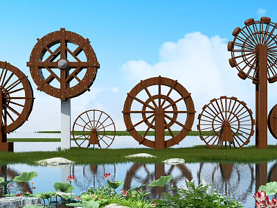 Garden Ornaments Featuring Wooden Water Wheels Lotus Leaves And Pond With Grass 3d model