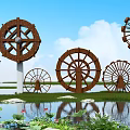Garden Ornaments Featuring Wooden Water Wheels Lotus Leaves And Pond With Grass