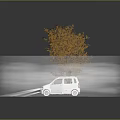 Car With Headlights On Near Autumn Tree In Circular Area