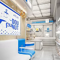 Modern Dessert Shop Interior With Display Cases Blue Seats And White Counters