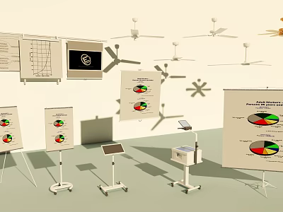 Exhibition Display Stands With Charts Graphs Ceiling Fans Digital Tablets And Printers 3d model