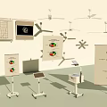 Exhibition Display Stands With Charts Graphs Ceiling Fans Digital Tablets And Printers