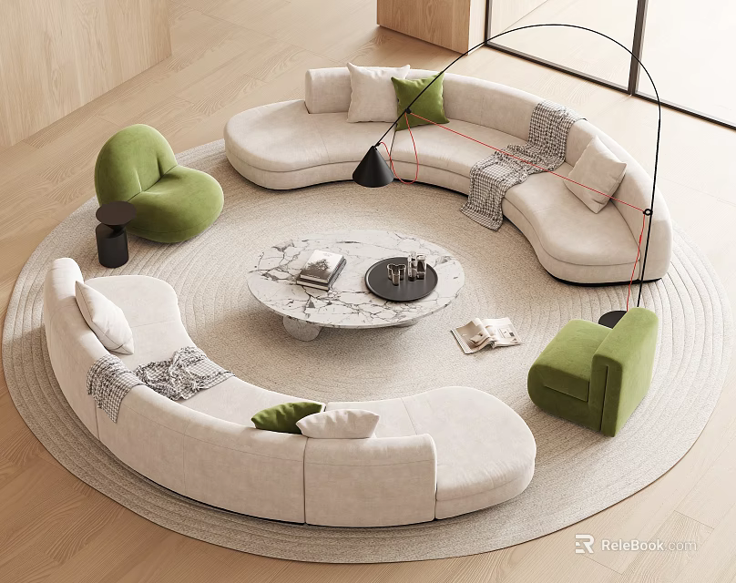 Modern Round Beige Sofa Coffee Table Set With Green Cushions Marble Top And Accent Chairs 3d model 