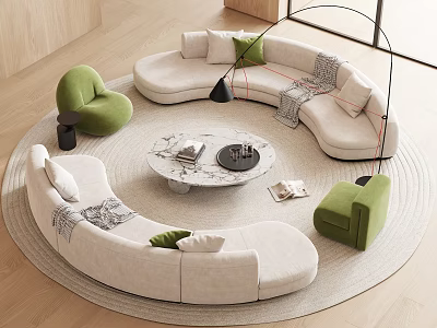 Modern Round Beige Sofa Coffee Table Set With Green Cushions Marble Top And Accent Chairs 3d model