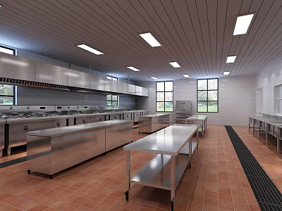 Commercial Kitchen Interior With Stainless Steel Worktables Tile Flooring Ceiling Lights And Windows 3d model