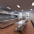 Commercial Kitchen Interior With Stainless Steel Worktables Tile Flooring Ceiling Lights And Windows 3d model