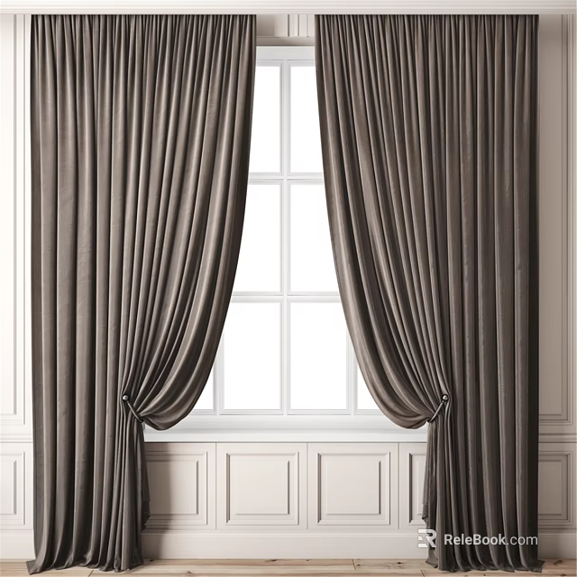 Elegant Brown Velvet Curtains Hanging By White Grid Window With Paneling 3d model 