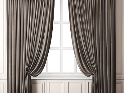 Elegant Brown Velvet Curtains Hanging By White Grid Window With Paneling 3d model