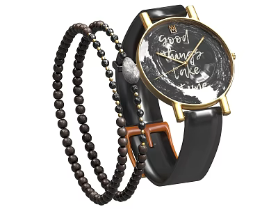 Jewelry Set With Black Strap Watch Gold Frame And Beaded Bracelets For Accessory 3d model