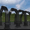 Arched Metal Pergola with Grid Design and Stone Pillars Against Green Trees Blue Sky