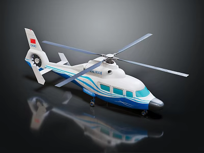 White and Blue Helicopter Model with Stripe Design Transparent Windows and Reflection 3d model