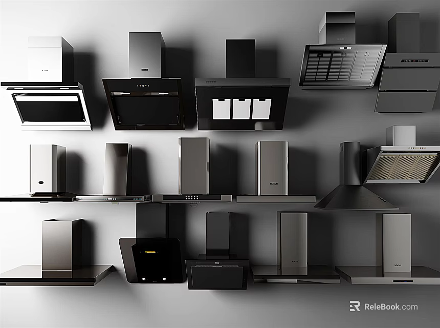 Various Modern Kitchen Appliances Including Range Hoods And Microwaves On Display Shelves 3d model 