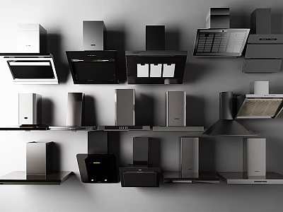 Various Modern Kitchen Appliances Including Range Hoods And Microwaves On Display Shelves 3d model