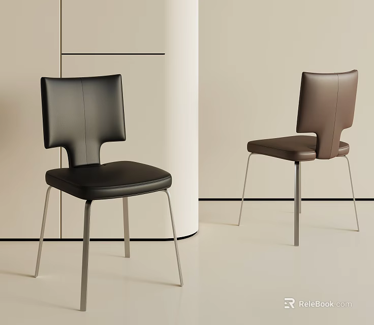 Modern Leather Dining Chairs In Black And Brown With Metal Legs 3d model 