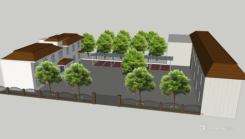 Lush Green Trees In Residential Courtyard Landscape Design With Fence And Building 3d model 